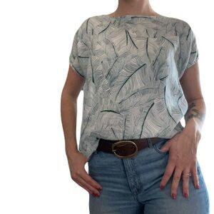 Tahari teal and white leaf linen blouse